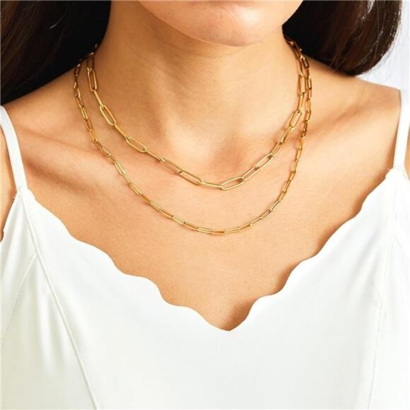 18k Gold Paperclip Chain Link Necklace Dainty Paperclip Link - Picture 3 of 8